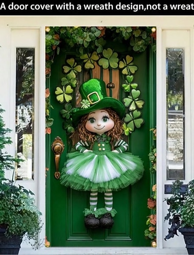  Türdekoration mit 2D-Flachdruck zum St. Patrick's Day, Motiv: Koboldmädchen mit Kleeblattkranz, festliche Eingangsdekoration für die Feierlichkeiten zum St. Patrick's Day.