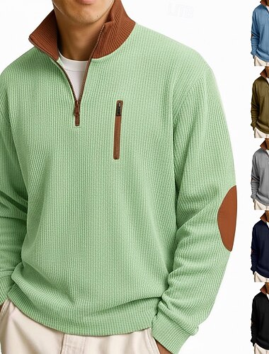  Herren Cordhemd T-Shirt Langarmshirt Herrenhemden mit Ellbogenflicken Langarm Reißverschluss Sommer Herbst Herbst Winter Farbblock Täglich Lässig Streetstyle Reißverschluss Oversize Locker Lässig