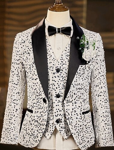  חליפה לנושא הטבעת  בנים ילדים חליפה בלייזר ווסט ומכנסיים וחולצה ועניבה קזו'אל בָּחוּץ מפלגה אופנתי מגניב בסיסי צבע אחיד פאייטים כיס כפתורים לבן פוליסטר