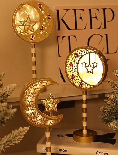  LED-Dekorationsleuchte für Ramadan und Eid mit Sternen-, Mond- und Burgmotiven für drinnen und draußen, festliche Atmosphäre im Schlafzimmer, Hängeleuchte mit AA-Batteriefach, 30 cm hoch
