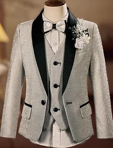  Ring-Träger Anzug Jungen Kinder Anzug Blazer & Weste & Hosen & Hemd & Krawatte Lässig Outdoor Party Mode Cool Basic Einfarbig Pailletten Tasche Knöpfe Silber Polyester