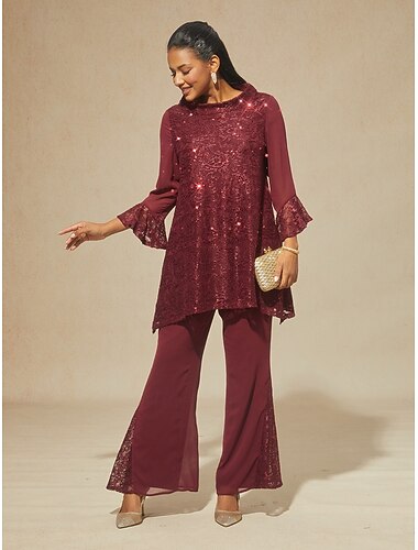  Dames Bell Bottom Uitlopende broek Elegant Volledige lengte Medium Taille Kant Zak Elastische tailleband Micro-elastisch Dagelijks Bruiloft Cocktailparty Wijn Zomer Lente Herfst Normale pasvorm