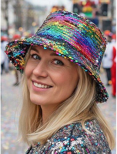  Kvinnelig flerfarget reversibel paljettbøtte Mardi Gras-hatt - skinnende diskokostyme tilbehør karneval rave og maskerade