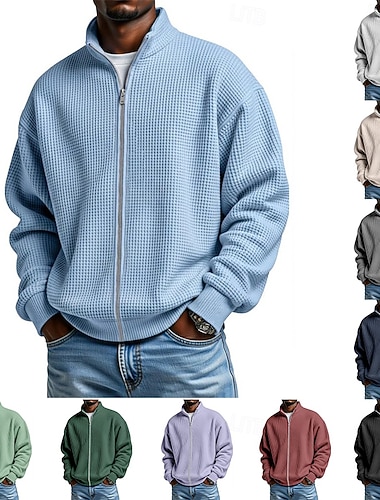  Herren Sweatshirt Waffel-Sweatshirt Pullover Kapuzensweatshirt Pullover Sweatshirt mit durchgehendem Reißverschluss Aprikose Schwarz Weiß Hellgrün Armeegrün Stehkragen Einfach Strukturiert Lässig