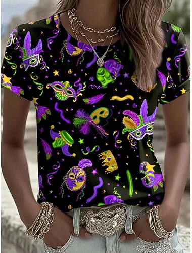  Carnaval Dames T Shirt Bloem Stylish Klassiek Casual Korte Mouw Crew Neck Reguliere Tops Dagelijks Print Zwart Groen Regenboog Zomer Lente