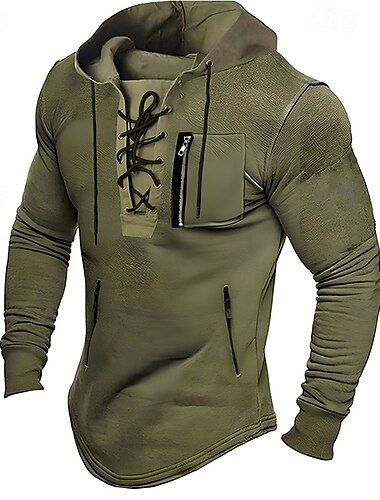  男性用 Tシャツ ティートップ 長袖シャツ 長袖 フード付き 春 秋 平織り ファッション デザイナー ベーシック レースアップ バケーション ストリート お出かけ ブラック ライトグレー ブラウン メンズトップTシャツ