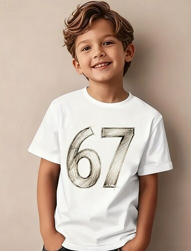  Baumwolle Kinder Jungen Schwarz Weiß Grafik Lustiger Slang 67 T-Shirt Bluse Rundhalsausschnitt Kurzarm Outdoor Alltagskleidung Mode Streetwear Designer Drucken Sommer