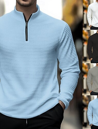  رجالي قمصان بولو الوافل محكم الرياضة & في الخارج فضفاض نوع من غير طوق كم طويل موضة مريح سهل إحزم ربيع & الصيف أزرق أسود أبيض رمادي قمصان بولو الوافل