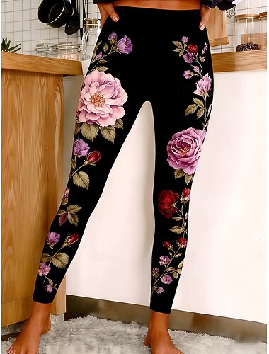  Mulheres Leggings Leggings aconchegantes Férias Vintage Básico Comprimento total Cintura Alta Gráfico Rosa Estampado Conforto Confortável Elasticidade Alta Casual Diário Férias Preto Roxo Primavera