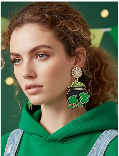  Brincos femininos de cristal verde para o Dia de São Patrício – trevo &Chapéu com estampa de duende, perfeito para festivais irlandeses. &celebrações do dia de São Patrício