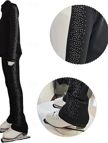  Kunstschaatsjas met broek, dames- en meisjesschaatsoutfit, zwart, elastisch, trainings- en wedstrijdschaatskleding, thermisch, warm, met kristallen/strasssteentjes, lange mouwen, kunstschaatsen.