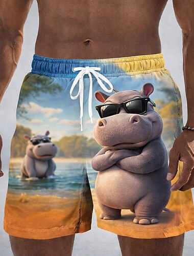  Voor heren Tekenfilm Olifant Nijlpaard Lange zwembroeken Zwemshorts Boardshorts Medium Taille Grappig Hawaii Strandvakantie Zijzakken Mesh voering Elastische tailleband met trekkoord Ontwerper Kleding