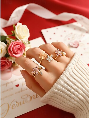  Női ötvözet virággyűrű-szett – elegáns dizájn rózsaszín és átlátszó kristályokkal, tökéletes hétköznapokra és formális alkalmakra