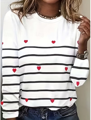  Valentinstag Damen T Shirt Druck Herz Grafik Mode Stilvoll Klassisch Langarm Rundhalsausschnitt Rundhals Normale Oberteile Täglich Wochenende Weiß Orange Schwarz Weiß Sommer Frühling Herbst Winter