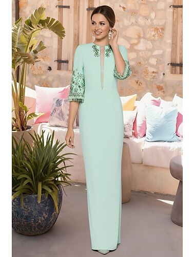  Szűk  Oszlop Padlószőnyeg Hosszúságú Formális Ruha Estélyi Ruha Estélyi Ruha Elegáns Fél Ujjú Kerek Nyak Formális Kristályos Gyöngyökkel