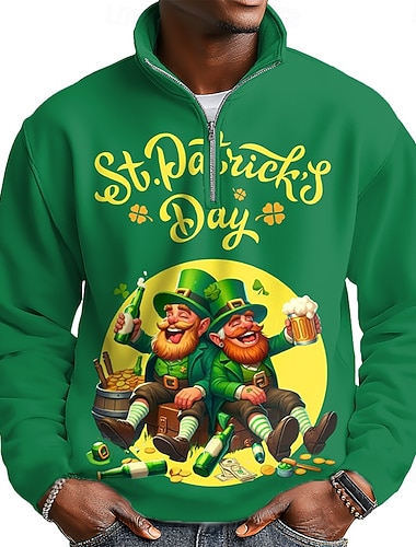  St. Patrick's Day Herren Shamrock Irland Sweatshirt Mode Übertrieben Party Hoher Kragen Outdoor Streetwear Club Party Grün 2 Grün Reißverschluss Herbst Winter Designer S M L XL XXL XXXL