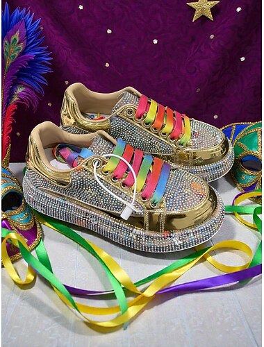  Boty s duhovými kamínky pro ženy Mardi Gras s kovovými zlatými detaily - odvážné a třpytivé ideální pro karneval kostýmové party festivaly a městský styl