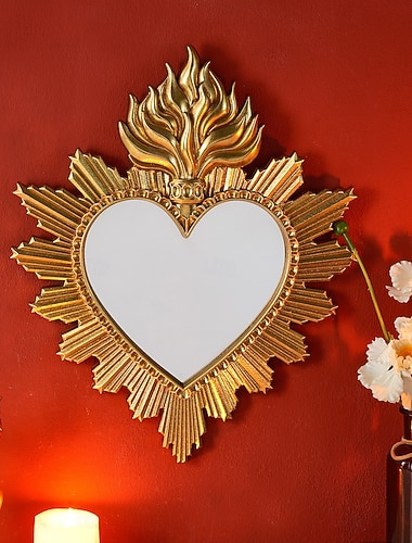  Miroir décoratif mural en forme de cœur sacré avec flamme, ornement suspendu fait main représentant un cœur sacré enflammé, décoration murale de style européen pour salon, chambre, bureau, décoration