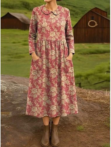  Damen Midikleid Etui-Kleid Faltenkleid Urlaub Lässig Boho Ferien Frühlingskleid Normale Passform Blumen Grafik Langarm Rundhalsausschnitt Graues Rosa Orange Frühling Herbst Winter