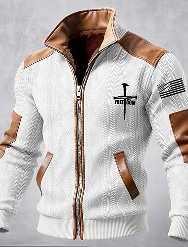 Homens Casaco de inverno Casaco de lã Jaqueta casual Diário Ao ar livre Térmico / Quente Jacquard Bolsos Outono Inverno Bandeira Bloco de cor Roupa de rua Diário Colarinho Chinês Padrão Preto Branco