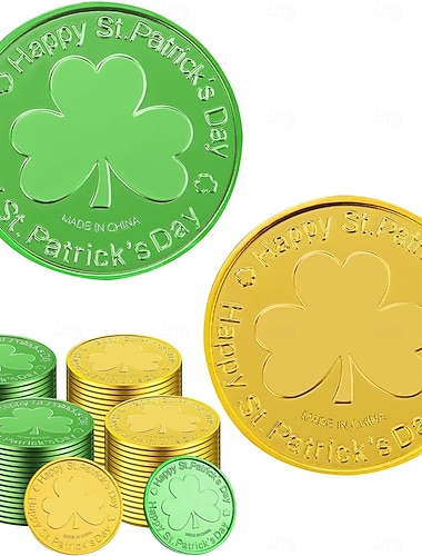  St. Patrick's Day Goldmünzen - 100/200 Stück goldgrüne Glücksmünzen, Plastik-Kleeblatt-Koboldmünzen, 3-blättrige Kleeblattmünze für Partydekoration und Gastgeschenke
