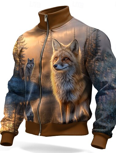 Herren Tiermotiv Wolf Jacke Pullover Mode Täglich Taktisch Jagd Stehkragen Outdoor Streetwear Party Blau Braun Braun 2 Reißverschluss Frühling Herbst Designer S M L XL XXL XXXL