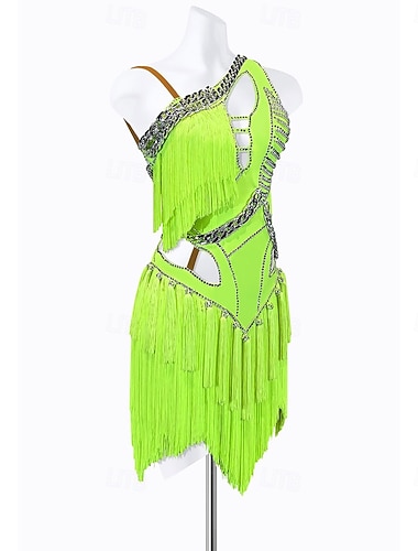  Robe de danse latine pour femme, vert fluo, à franges et strass - costume de bal asymétrique à une épaule découpée