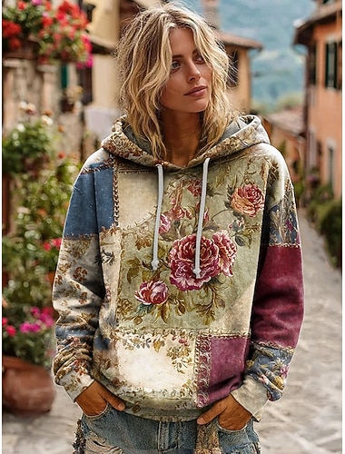  Sweat à capuche patchwork vintage boho imprimé 3D pour femmes pull floral sweat-shirt oversize chaud actif capuche vêtement de rue quotidien patchwork noir blanc jaune rose foncé printemps automne