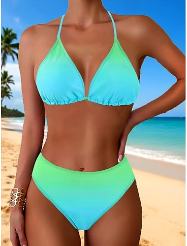  Bikini femme 2 pièces maillot de bain briefs contrôle du ventre taille haute slim dos nu plage vacances mode halter ombre sans manches