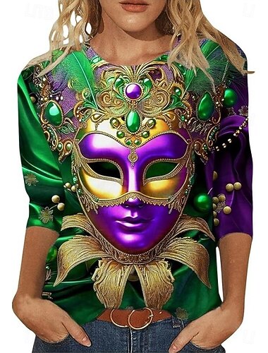  Carnaval Vrouwen T-shirt Grafisch Vintage Mode Stijlvol Lange Mouwen Crew Neck Reguliere Tops Dagelijks Print Paars Lente Herfst