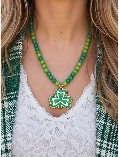  قلادة نسائية من سبيكة معدنية وأكريليك على شكل نبتة البرسيم، مع عدة أشكال للقلادة، وخرز أخضر، مثالية ليوم القديس باتريك وللارتداء اليومي