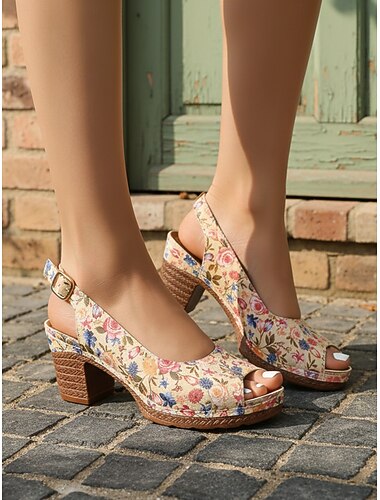  Slingback sandalen met bloemenprint en dikke hak voor dames – verstelbare gesp, perfect voor zomervakanties, dagelijkse uitjes en tuinfeestjes.