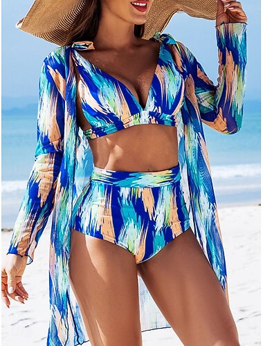  Dames Bikini 3-delig Zwempak Shorts Slim Rugloos Vakantie Strandkleding Kleurblok V Hals Mouwloze Badpakken