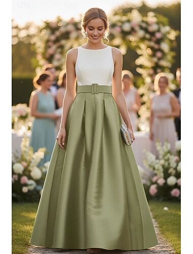  A-linje Golvlång Bröllopsgästklänning Formell klädsel Aftonklänning Klänning till brudens mor Ärmlös Halsbåt Elegant Hög split Formell Bröllopsgäst Semiformell Satäng med Bälte / band Plisserat