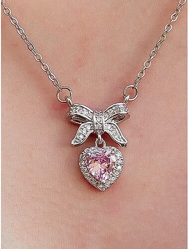  Damesketting met hartvormige hanger van legering en strik, verkrijgbaar in wit en roze, perfect voor Valentijnsdag.