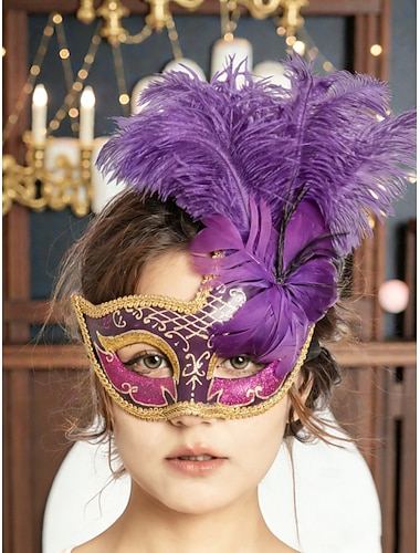  Kvinnes Lilla Fjær Maskerade Mardi Gras Maske - Glitrende venetiansk halvmask med gullkant karneval kostymeball og glamorøse festarrangementer