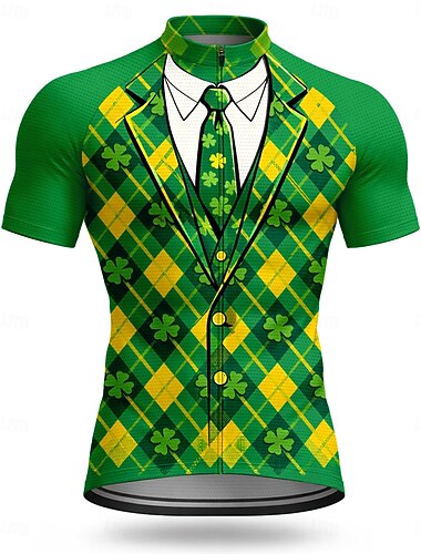  Herren St. Patrick Trikot Cycling Jersey Shamrock Neuheit Kurzarm Fahrrad Tee T-Shirt Oberteil mit 3 Rückentaschen UV-beständig Schnell trocknend mit Taschen vorne Reißverschluss Sport Grün