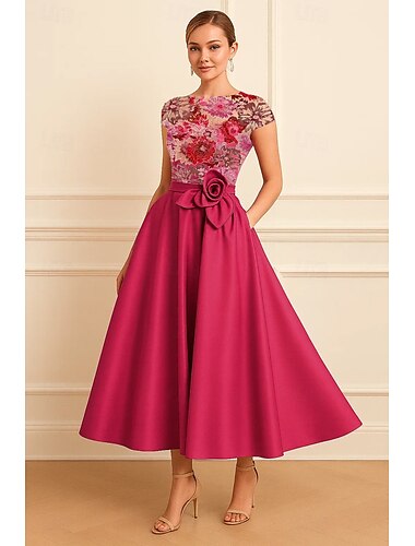  A-Linie Tee-Länge Perlenbestickt Abendkleid Kleid der Brautmutter Cocktailkleider Partykleider Kleider für Hochzeitsgäste Elegant Kappenärmel U-Boot-Ausschnitt Formell Cocktailparty Tasche Stretch