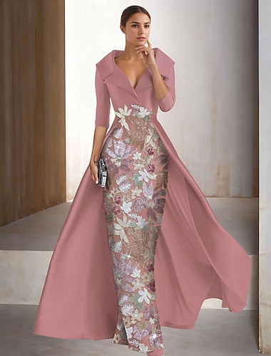  Tubino Colonna Lunghezza al pavimento Perline ricamate Abito Formale Abito da madre della sposa Abito da Sera Abito da ballo con sopragonna Abito formale Elegante Vintage Scintillante Mezza Manica