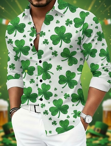  St. Paddy's Day Herren Grafik Shamrock Hemd Knopf-Down Hemd Strand Hemd Langarm Hawaii Freizeit angenehm Urlaub Feiertag St. Patrick Tag Sommer Frühling Umlegekragen Druck Weiß  Grün