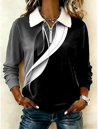  Damen Pullover Druck Grafik Geometrisch Abstrakt Warm Klassisch Lässig Langarm Halber Reißverschluss Normale Oberteile Lässig Heim Straße Blau Schwarz Purpur Frühling Herbst Winter