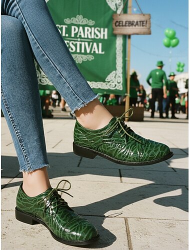  أحذية أكسفورد نسائية خضراء بنقشة جلد التمساح الصناعي - أحذية مسطحة برباط وكعب منخفض مناسبة لموكب عيد القديس باتريك، وأزياء المهرجانات الأيرلندية &احتفالات الأعياد