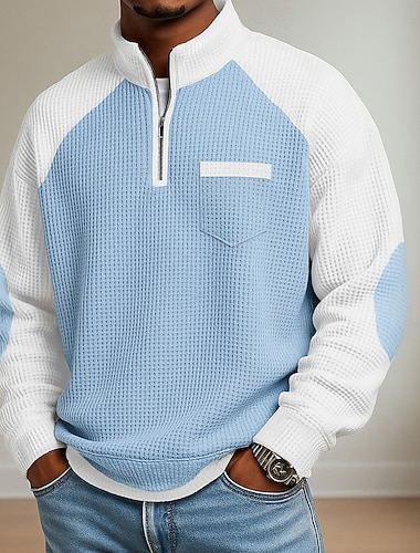  Herren Waffel-Poloshirts Polo Lässig Formell Gebänderter Kragen Langarm Mode Einfarbig Texture Farbblock Knöpfe Herbst Frühling & Herbst Herbst Winter Normale Passform Hellgrün Marineblau Hell Gray