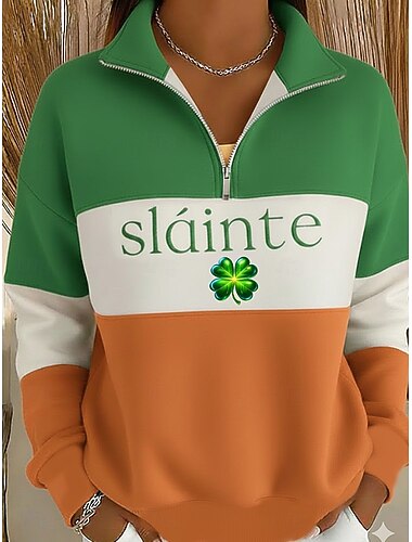  St. Patrick's Day Dames Pullover Sweater Grafisch Klavertje Vier Casual Lange Mouwen Halve Rits Reguliere Tops Casual Feest Rits Zwart Oranje Groen Lente Herfst