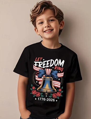  100% katoen Kinderen Jongens Zwart Bloemig Vlag 250-jarig jubileum T-shirt Blouse Strakke ronde hals Korte mouw Buiten Dagelijks gebruik Modieus Streetwear Ontwerper Opdrukken Zomer