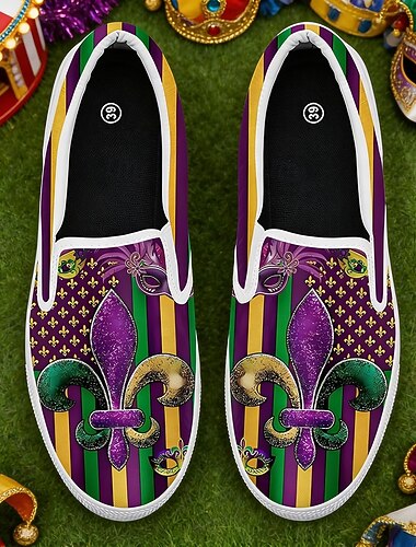  Γυναικεία Μάρντι Γκράς Παπούτσια Canvas Slip-On με εκτύπωση Bead και Fleur-De-Lis - Στυλάτα και Άνετα Εορταστικά Υποδήματα για Παρελάσεις Καρναβαλιού Υπαίθριες Γιορτές Θεματικά Πάρτι και Καθημερινές
