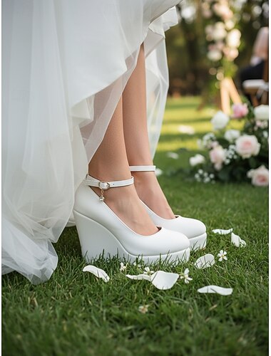  Mulheres Diário coquetel Baile de Formatura Presilha Plataforma Ponta Redonda Elegante Moda Estilo bonito Couro Ecológico Fivela Branco