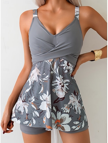  Maillots de bain tankini 2 pièces pour femmes culottes garçon contrôle du ventre taille haute minceur sans dos mode de vacances à la plage floral en V sans manches