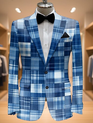  Homens Xadrez Jaqueta Blazer Casaco Da Moda Confortável Respirável Artistíco Casual Diário Traje de festa para noite Bolsos Impressão 3D Botões Todas as Estações Entalhe Manga Longa Azul Roxo Verde