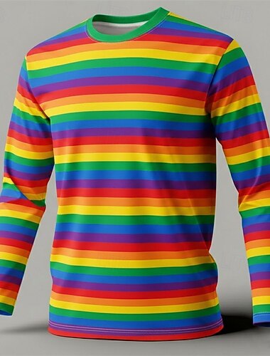  Herren-Festival-T-Shirt mit Streifenmuster, langen Ärmeln und Grafikprint – farbenfrohes Party-T-Shirt